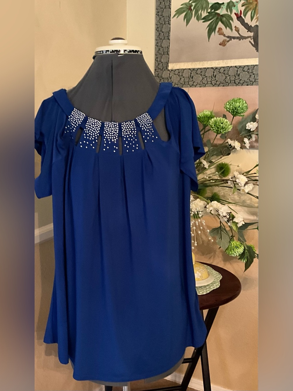 Cold-Shoulder Studded Royal Blue Women's Blouse